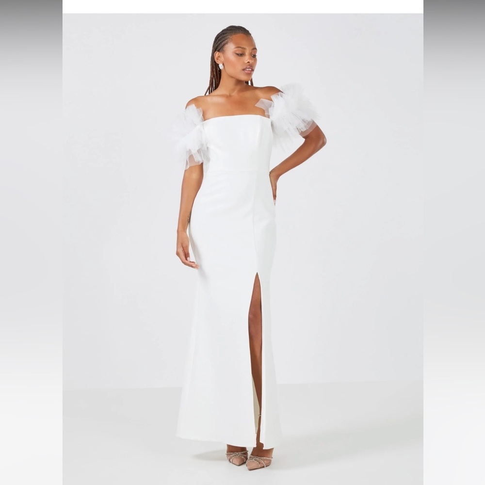 BCBG Theodora Off-The-Shoulder Evening Dress in white
